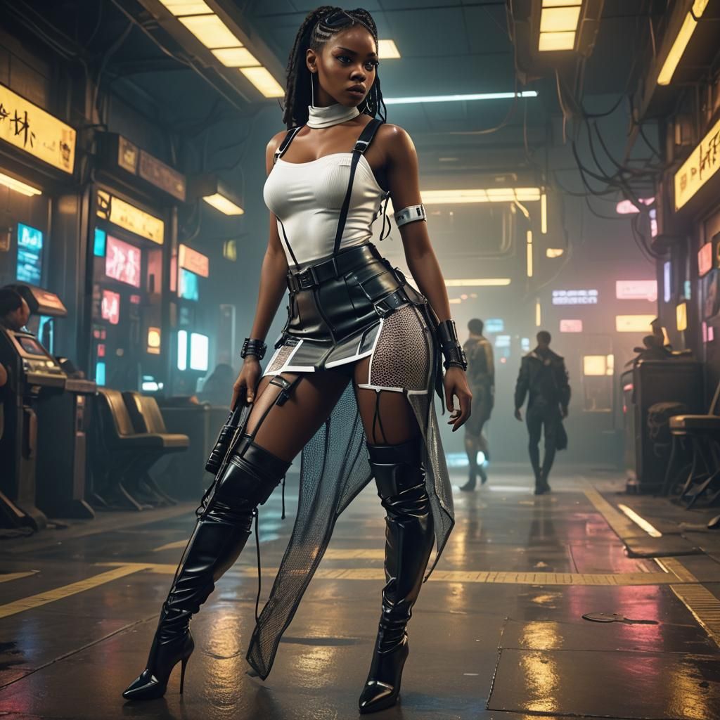 Cyberpunk Woman in White Fishnet Dress