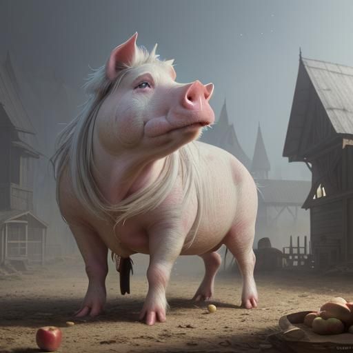Photorealistic Pig with Apple Cores in Detailed Matte Painti...