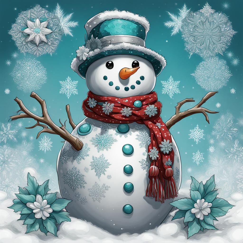 Charming Snowman with Floral Accents in Digital Art