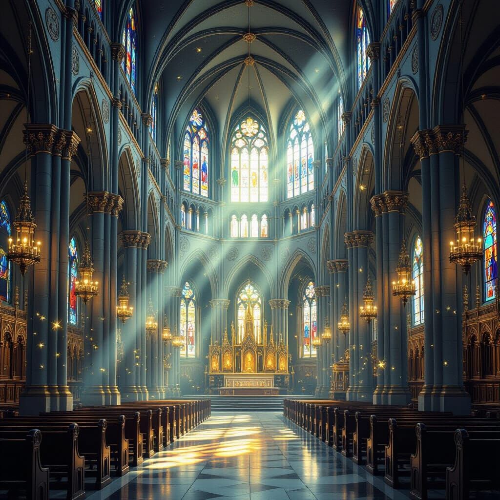 Ethereal Cathedral Interior with Fireflies