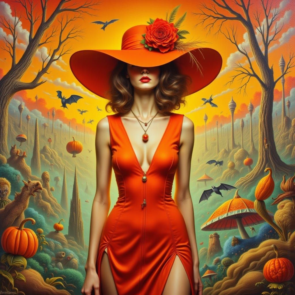 <lora:Fear and Loathing:1.0> beautiful symmetrical woman wearing an orange fascinator hat and a orange unitard.