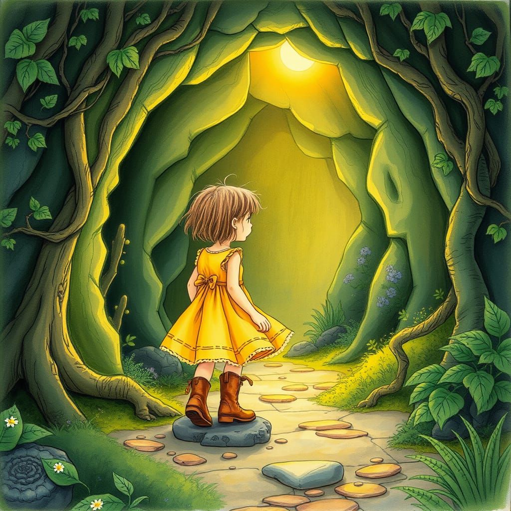 Child's Adventure into a Glowing Cave, Storybook Style