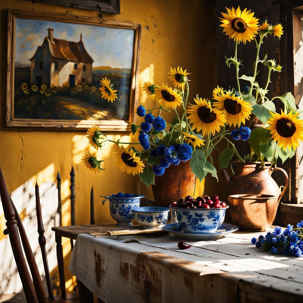 Sunflowers and Delft Blue Flowers in Magical Realism