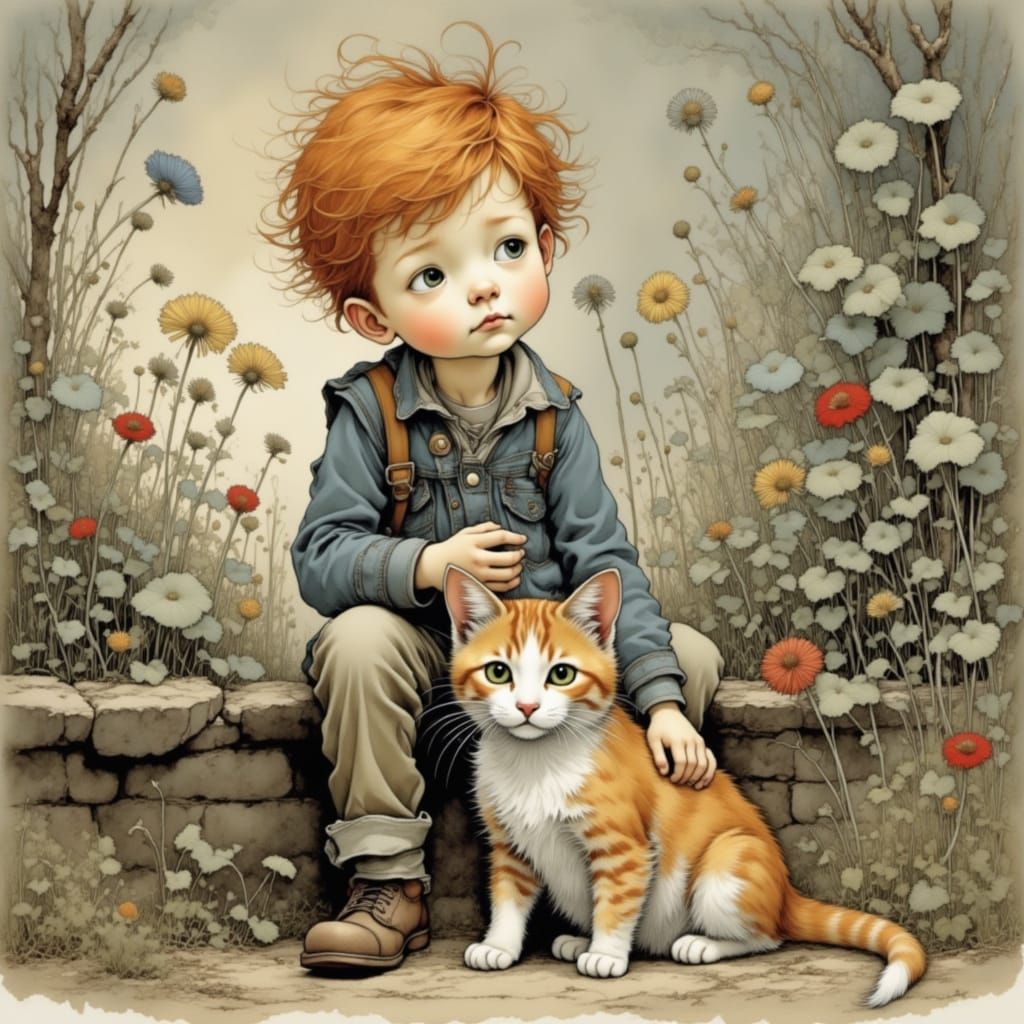 Whimsical Toddler Boy and Ginger Cat in a Delicate World