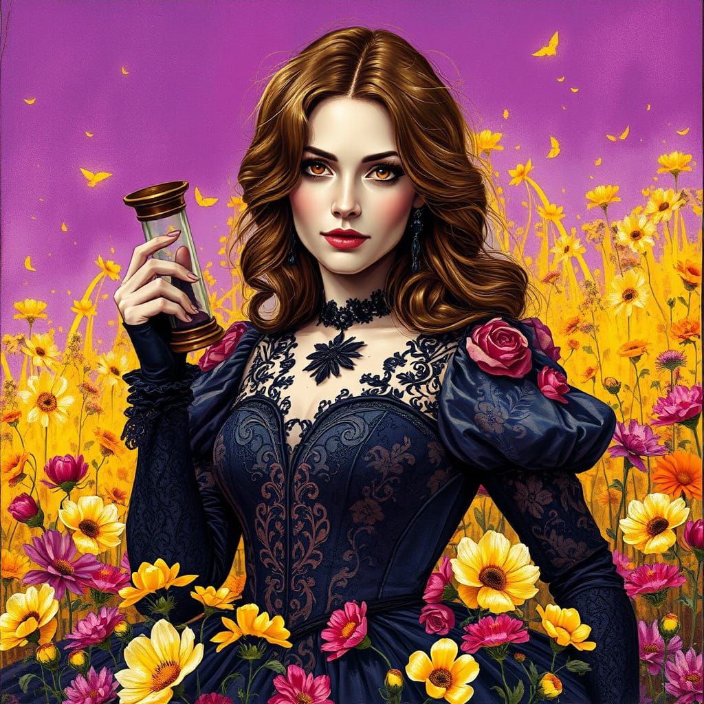 Woman with Hourglass in Gothic Splatter Art