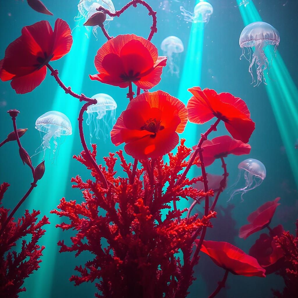 Underwater Poppies Sway in Glowing Abyss with Jellyfish