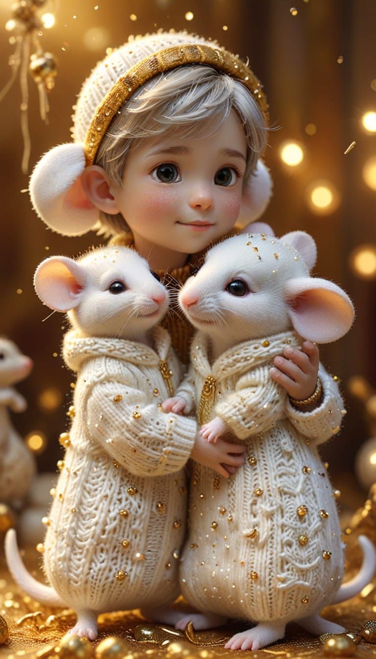 Charming Boy Holds Whimsical Mice Friend in Vibrant Backgrou...