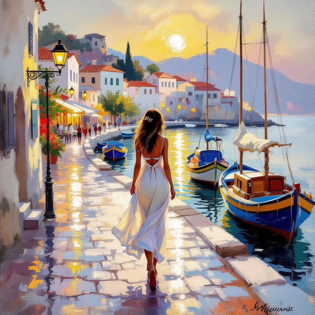 Greek Island Harbor Scene in Impressionist Style