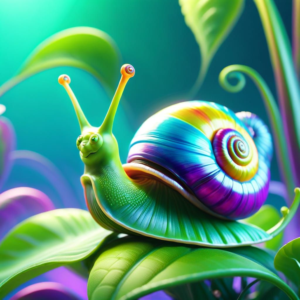 Curious Snail on Leaf in Pixar Style