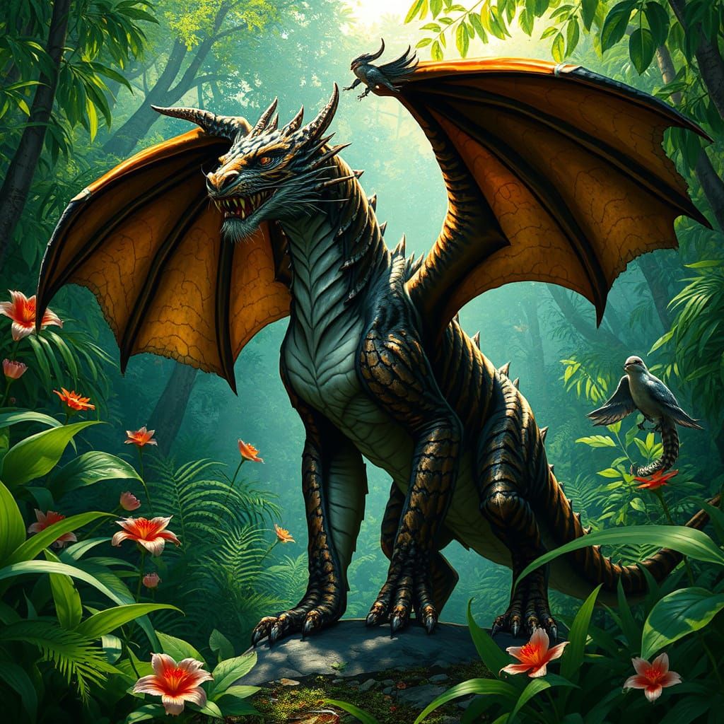 realistic hybrid creature, cross of a Tiger and a European style Dragon, standing in a thick jungle