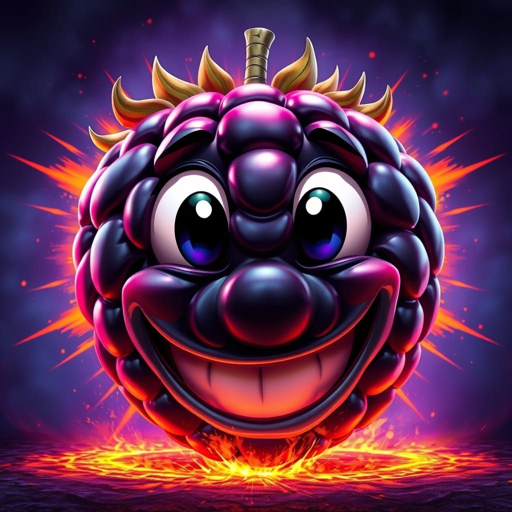 Vibrant Cartoon Blackberry with Exaggerated Eyes and Grin