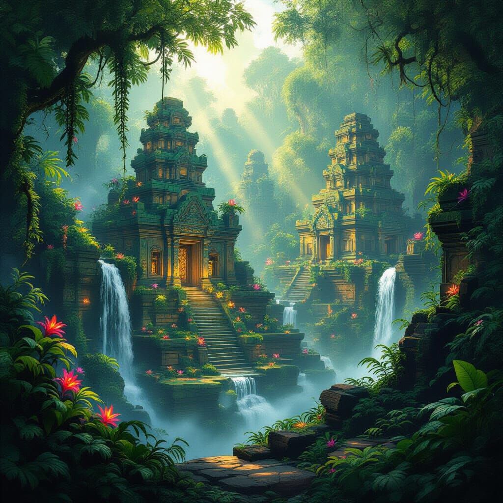 Overgrown Jungle City with Mystical Ruins and Glowing Fauna