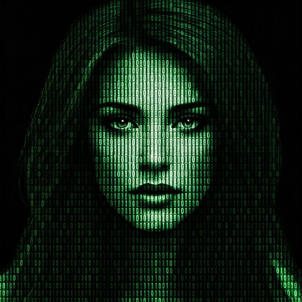 Beautiful Lady Portrait Formed by Neon Green Binary Code