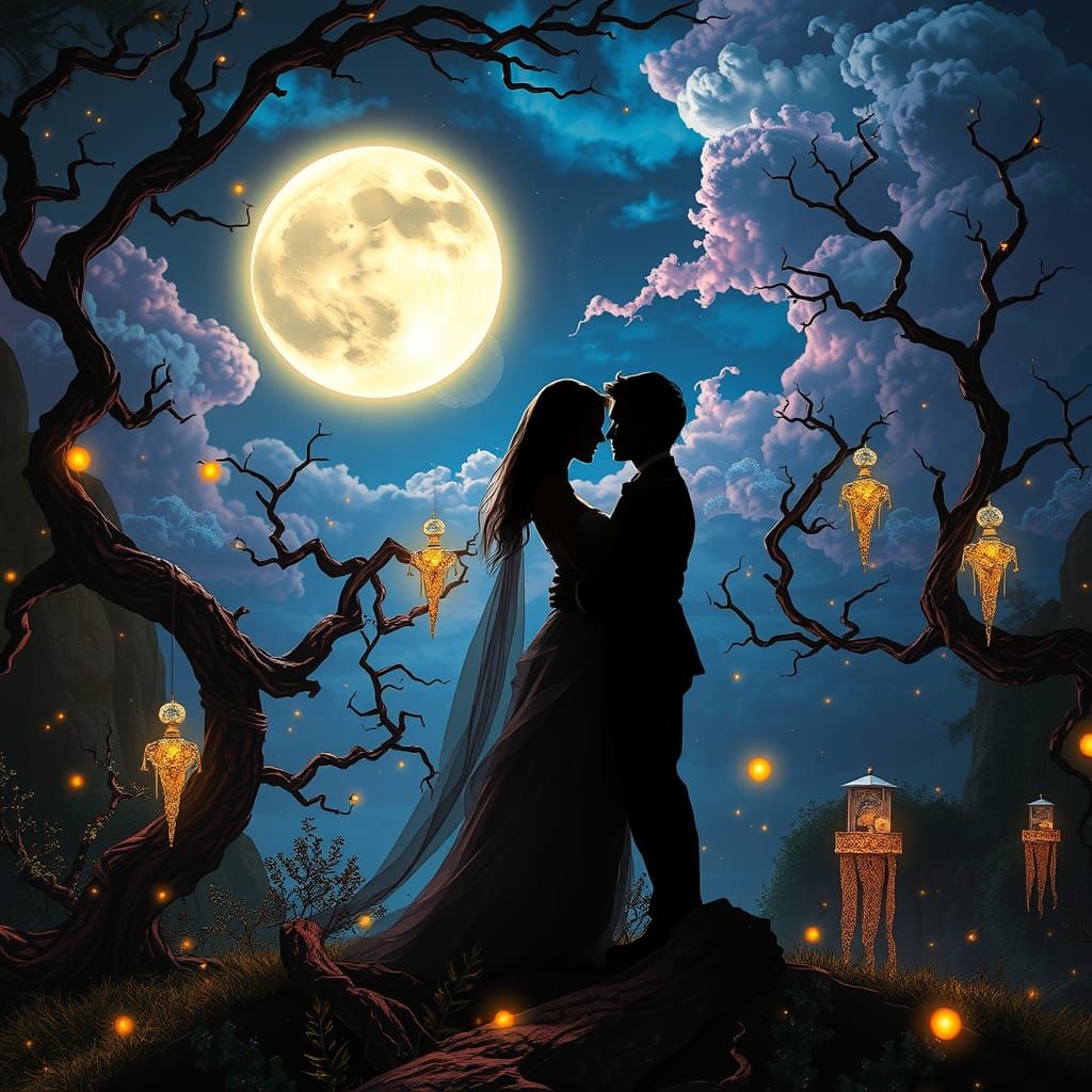 Silhouetted Couple Embrace Under Vibrant Moon