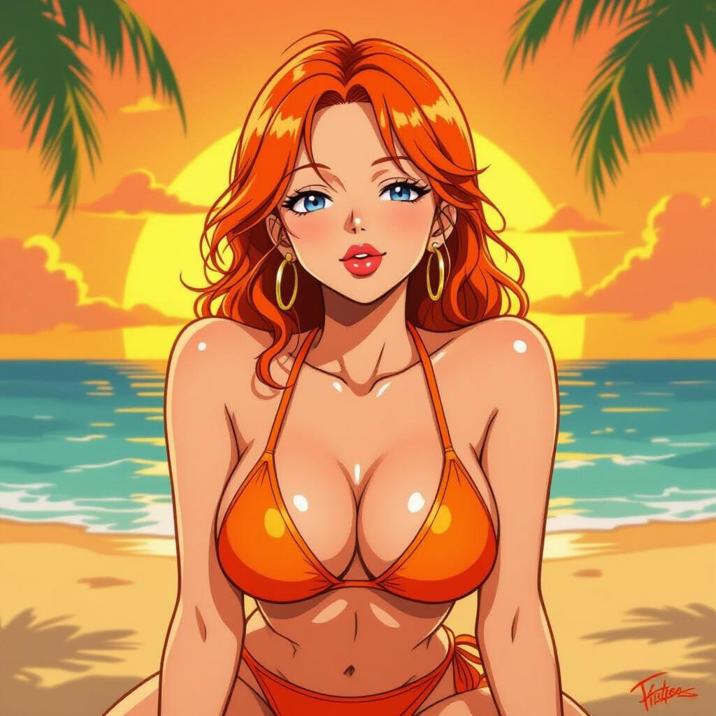 Nami Pin-Up Art on Tropical Beach at Sunset