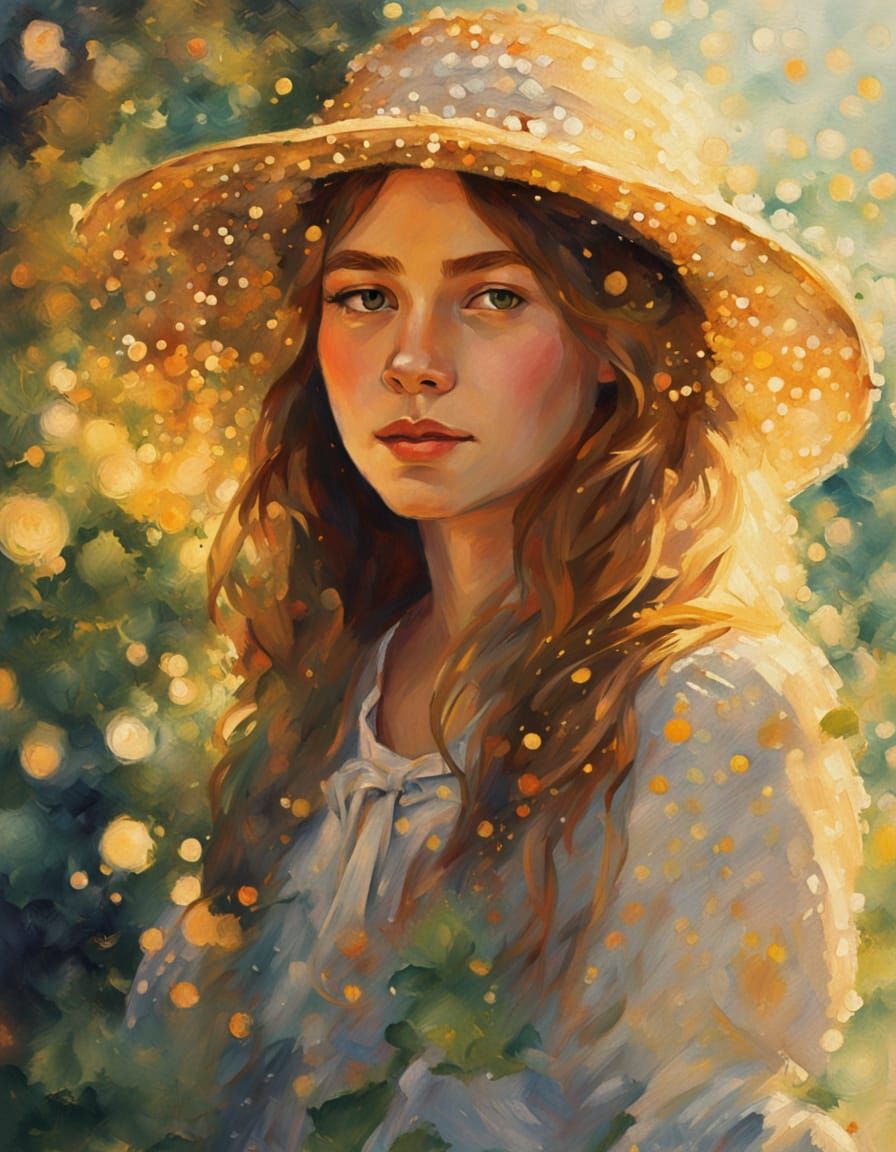 Surreal Pointillist Portrait of a Young Girl in a Lush Garde...