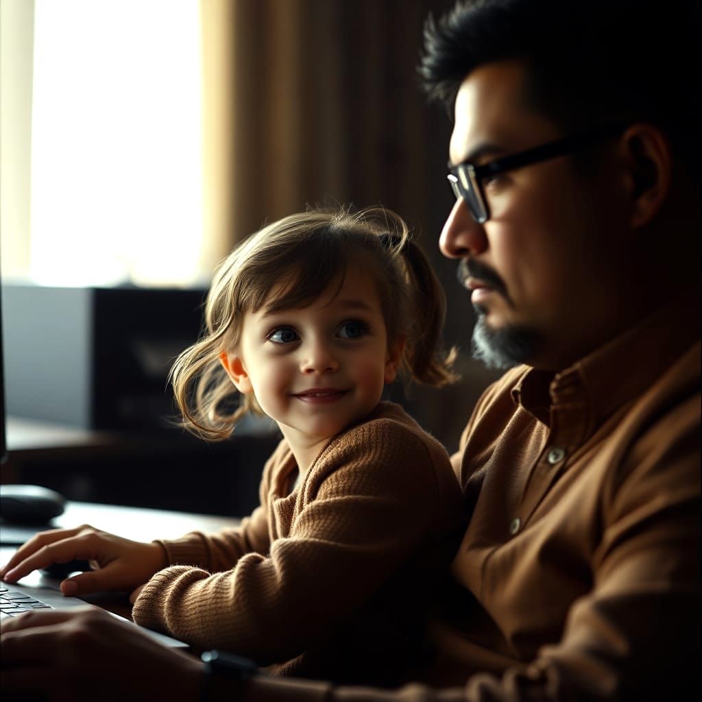 Intelligent Girl Observes Father Working: Cinematic Still