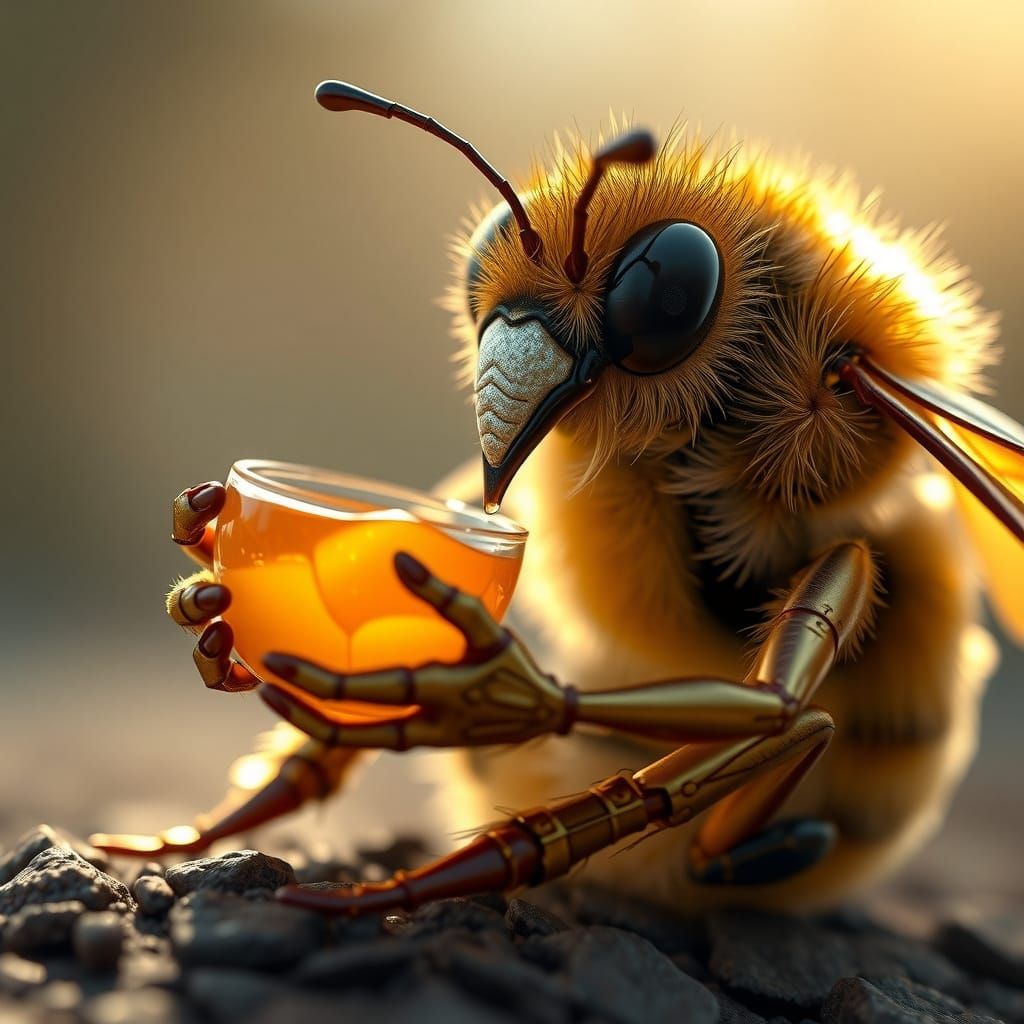 Golden Queen Bee Savoring Honey in Elegant Realism