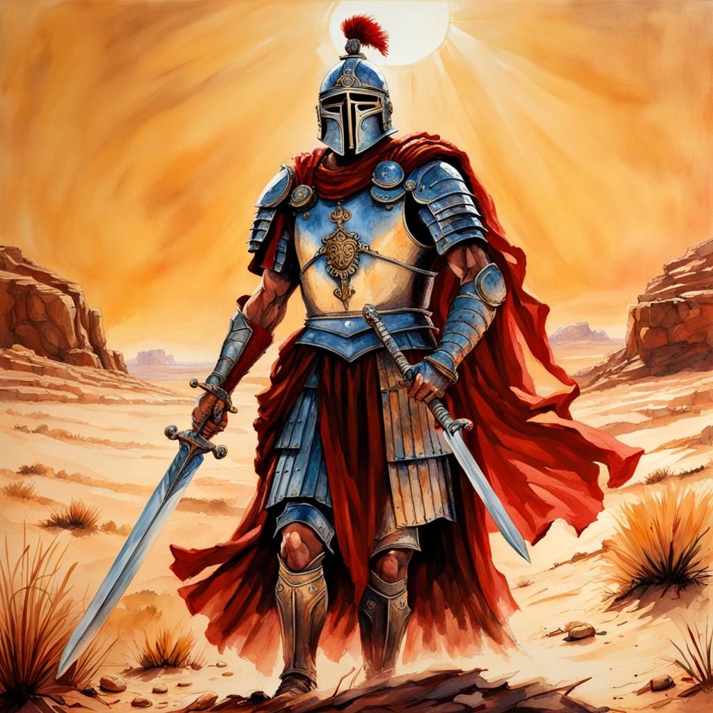 Glorious Roman Centurion with Longsword in Watercolor