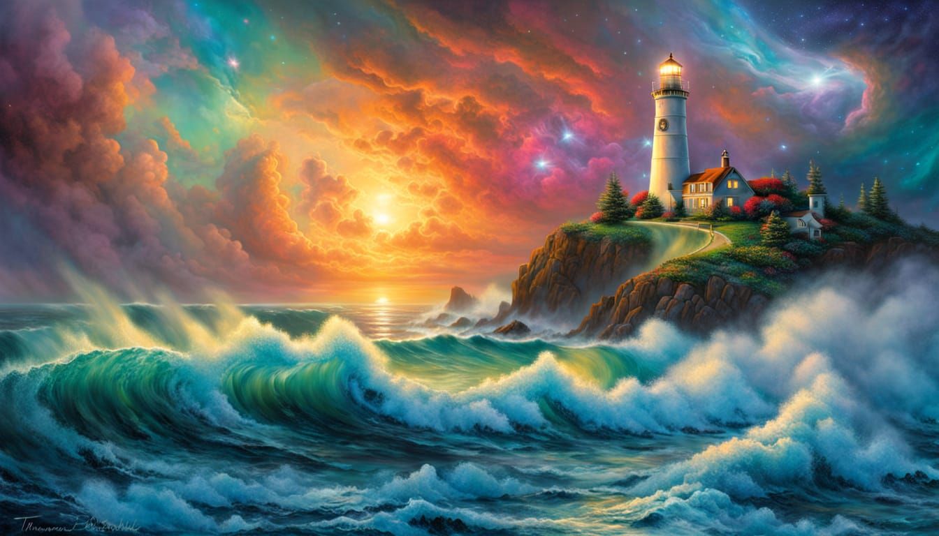 Surreal Lighthouse Seascape with Vibrant Nebula in Twilight ...