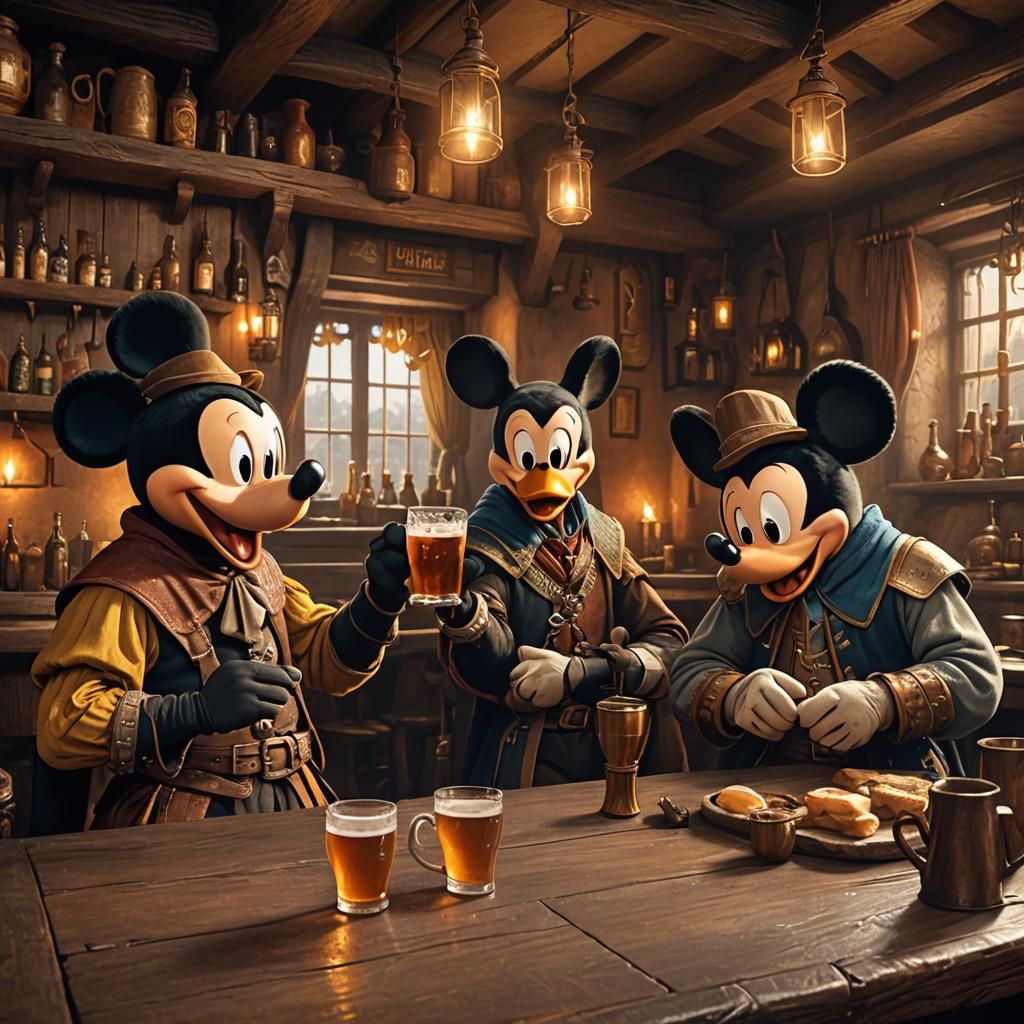 Mickey and Daffy in Medieval Tavern: Fantasy Art