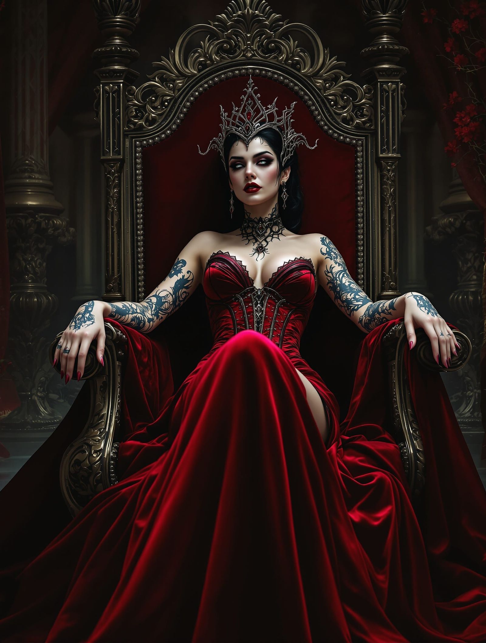 Vampire Queen Laura in Crimson Gown with Gothic Tattoos