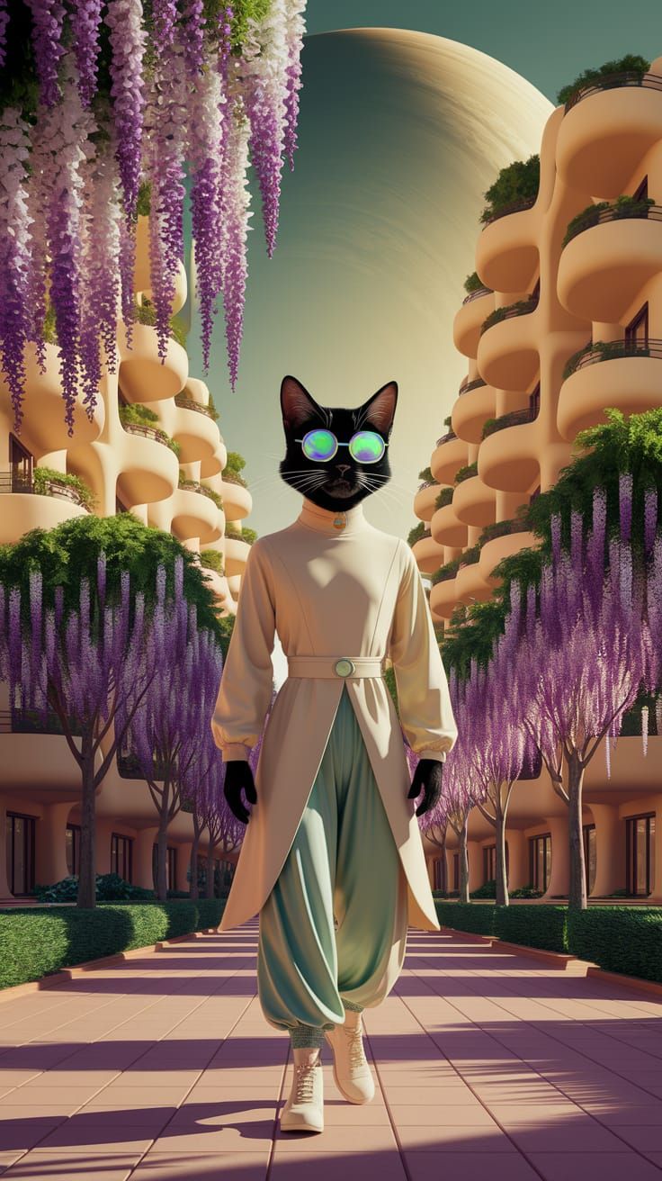 Vibrant Futuristic Cityscape with Mystical Cat