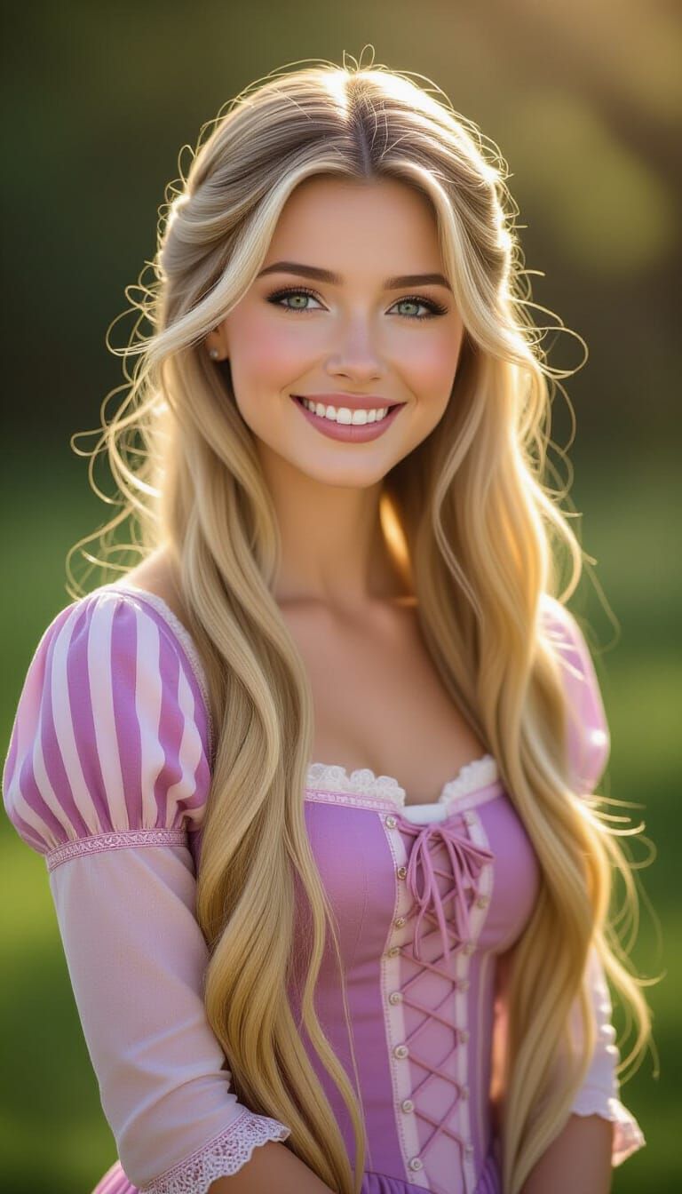 Photorealistic Rapunzel with Long Hair in Natural Lighting