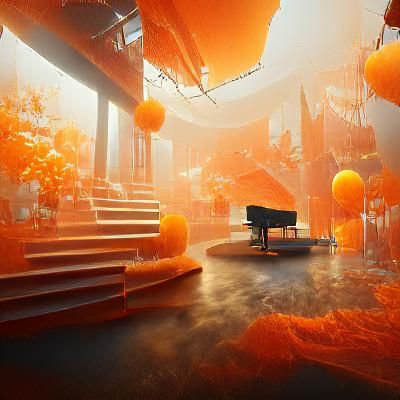 Piano in Luminous Orange Atmosphere: Matte Painting