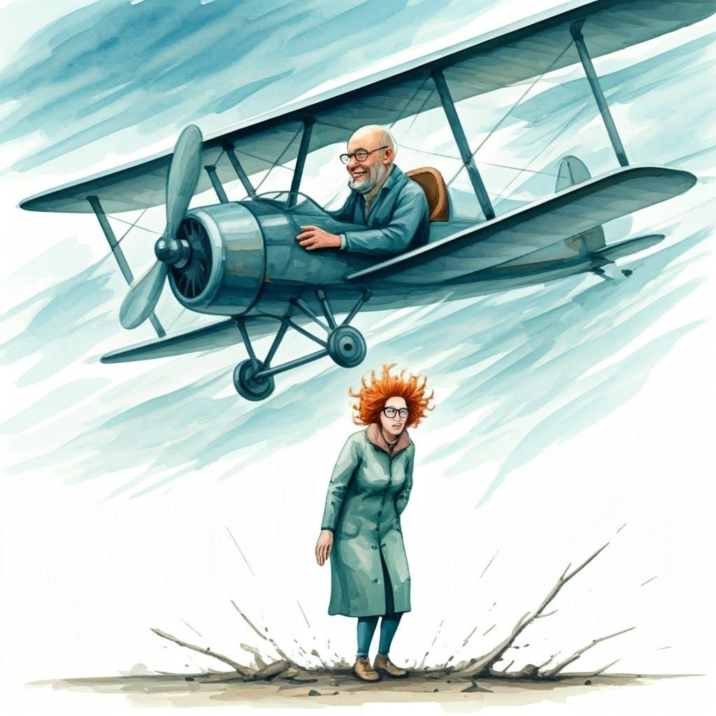 Tall Man Laughs in Turbulent Airplane, Below a Frozen Woman ...