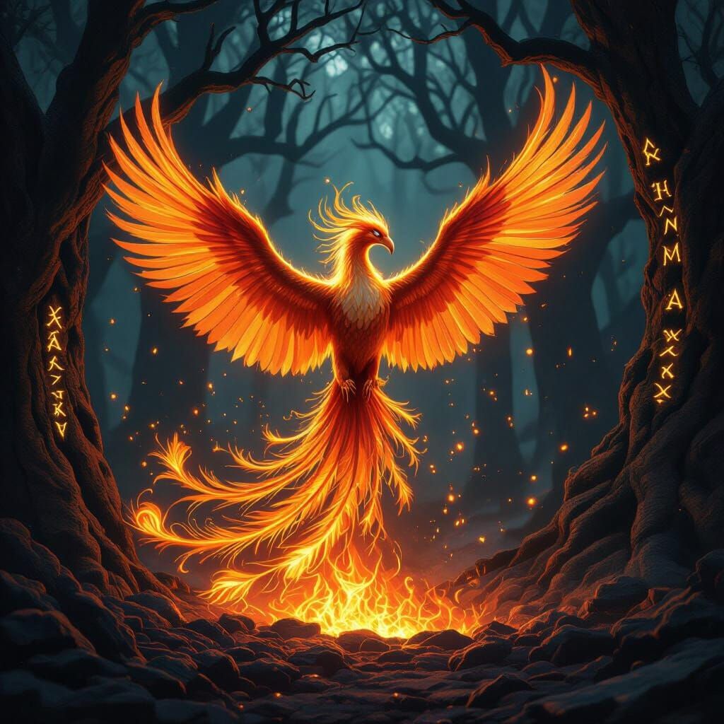 Majestic Phoenix Rises From Embers in Enchanted Forest