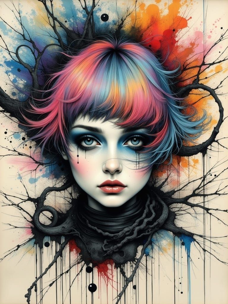 Gothic Woman Portrait in Abstract Ink Art Style