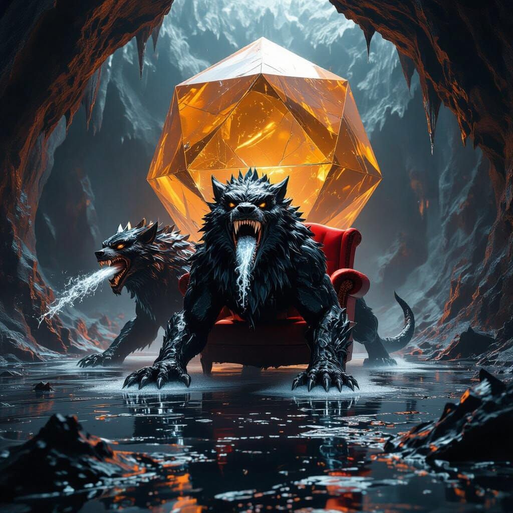 Cerberus of Obsidian and Ice Guards Throne in Dark Cavern