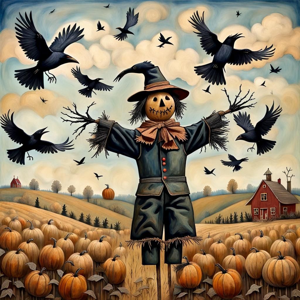Surreal Crows Fly Over Folk Art Scarecrow