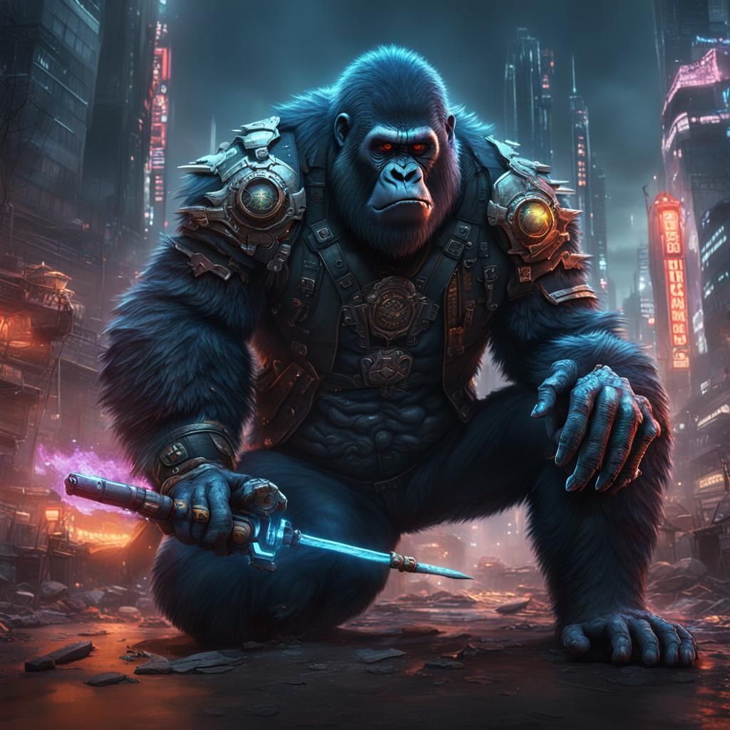 Cyberpunk Gorilla with Mace: Fantasy Concept Art