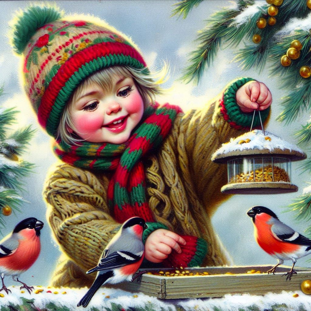 Cheerful Girl Feeds Bullfinches Amidst a Vibrant Winter Scen...