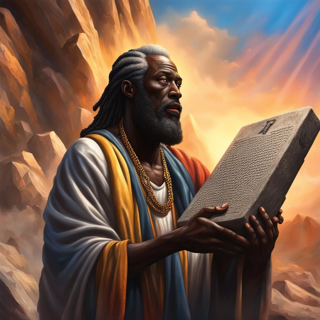 Black Moses Receives the Ten Commandments: Hyperrealistic Ar...