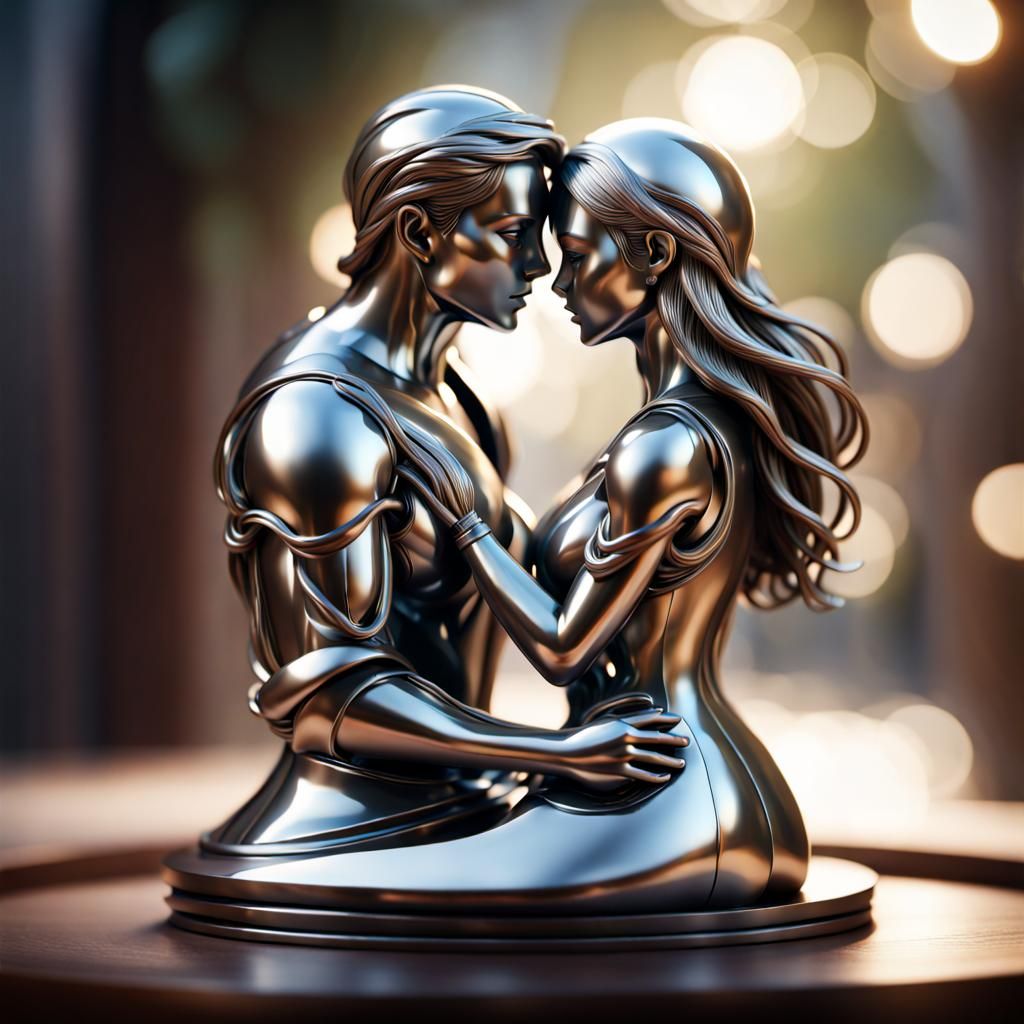 Shiny Metal Sculpture of Embracing Couple