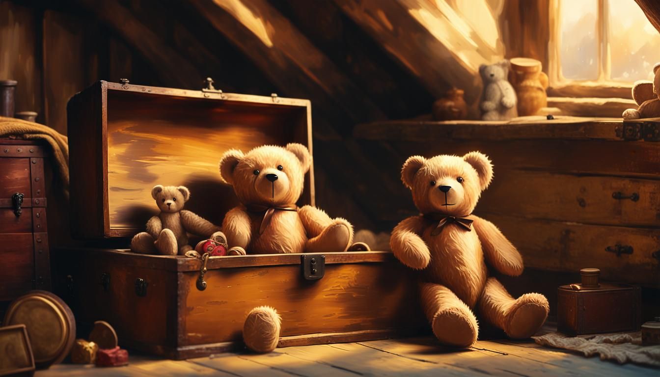 Teddy Bear in Attic, Impasto Oil Painting