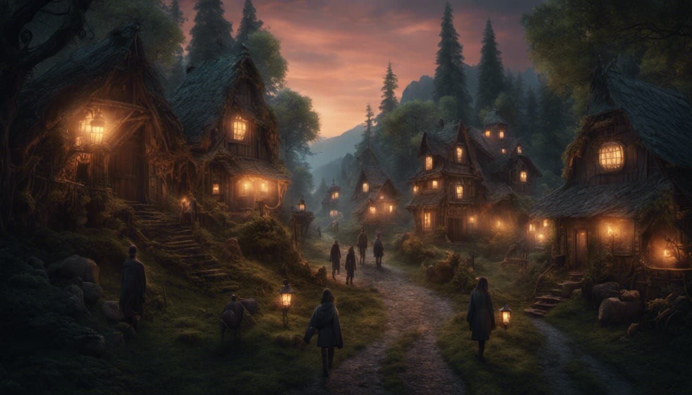 Creepy Forest Village at Twilight: Detailed Matte Painting