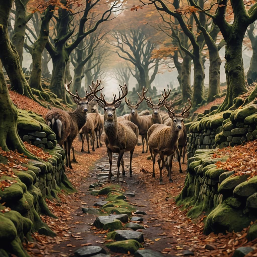 Deer Herd in Peak District: Hyperrealistic Autumn to Winter