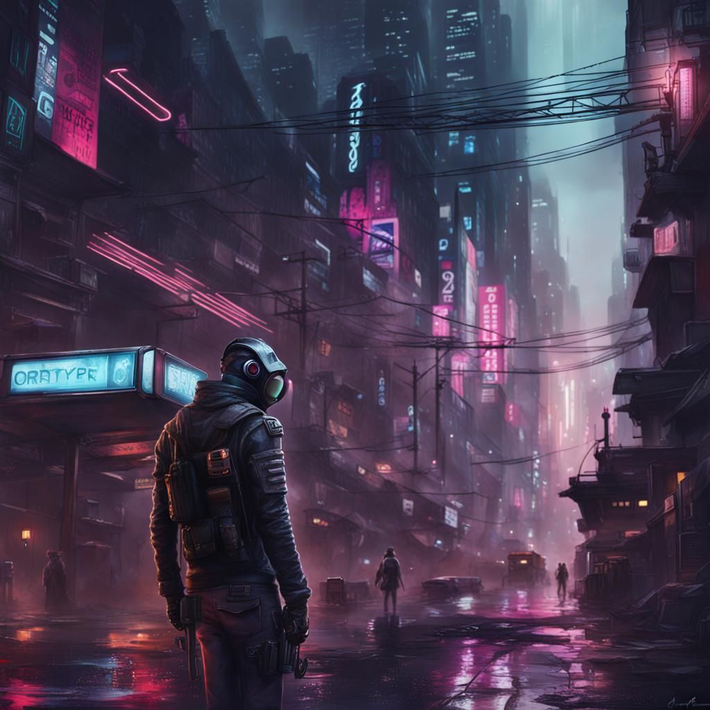 Cyberpunk Cityscape with Adolescent Figure