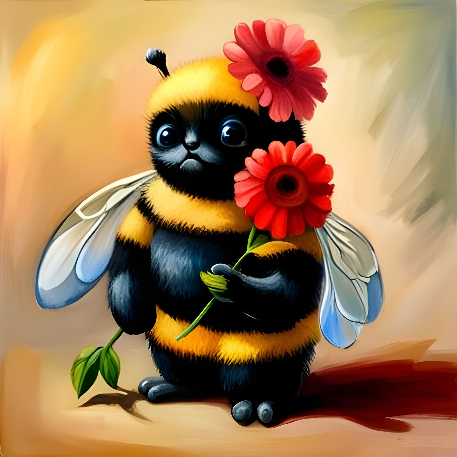 Anthropomorphic Bumblebee Character Holding Flowers