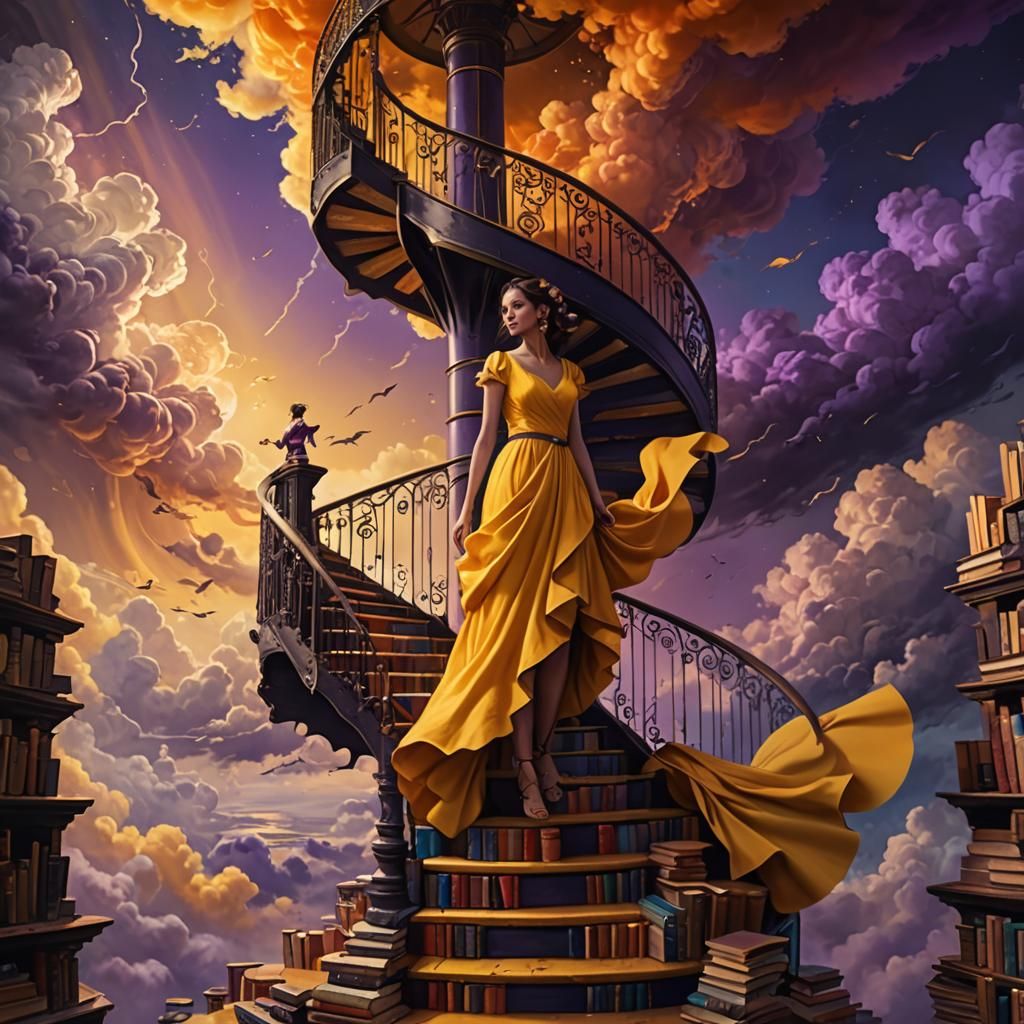 Fantasy Woman on Book Staircase in Dreamlike Setting