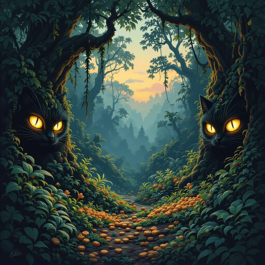 Ominous Jungle with Glowing Cat Eyes and Kibble Plants