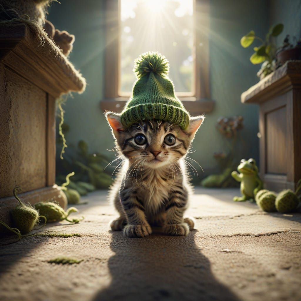 Whimsical Kitten in Surreal Sunlit Landscape