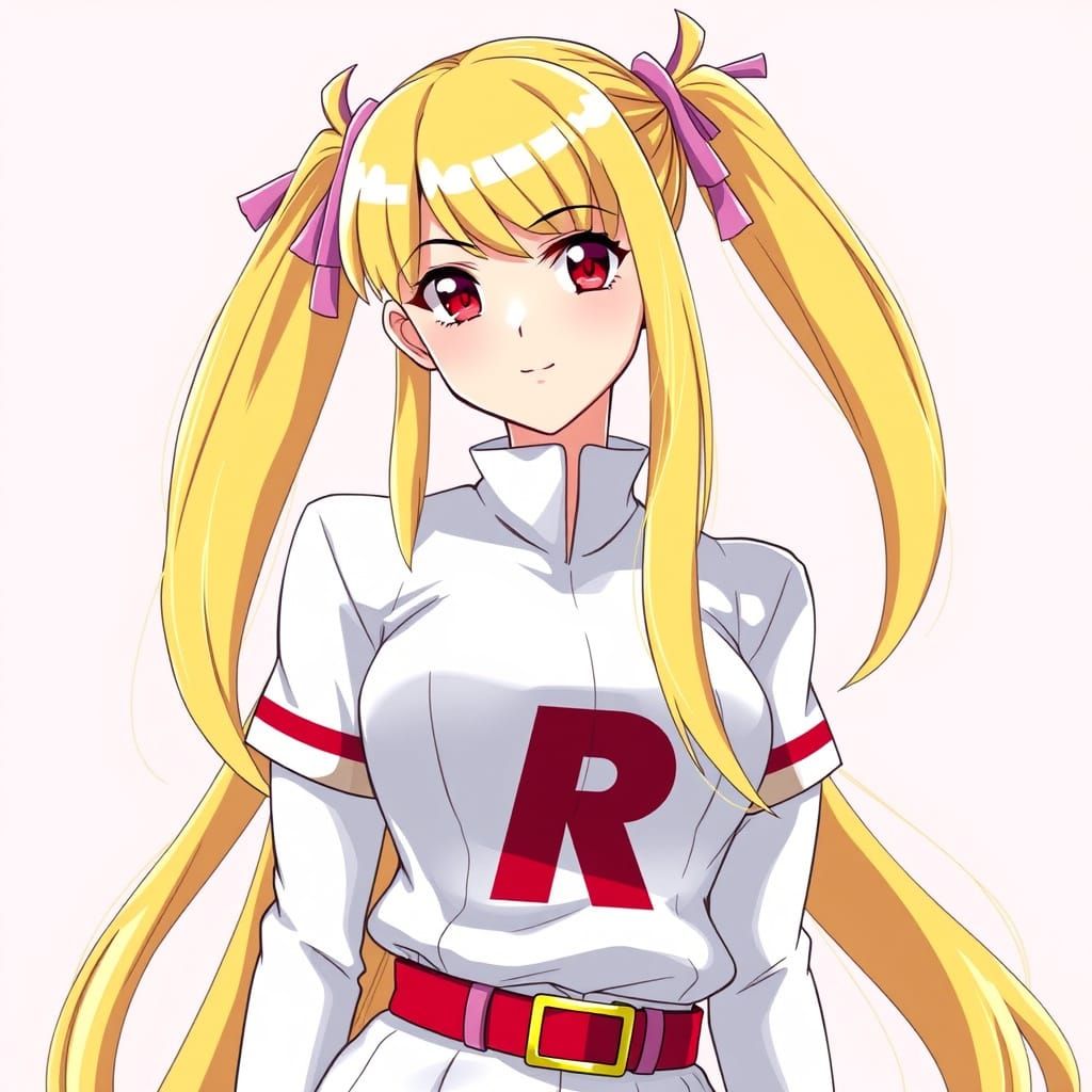Anime Girl in Team Rocket Uniform with Golden Blonde Ponytai...