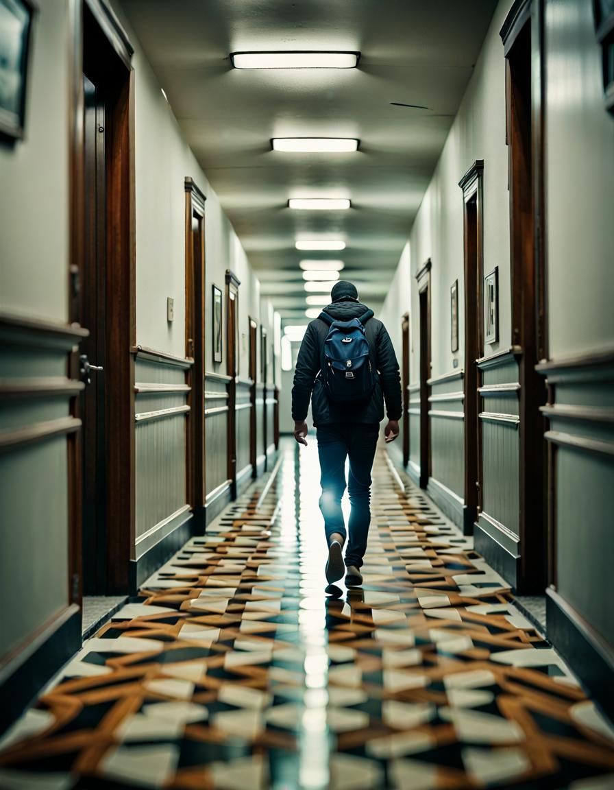 Man Walking in Hallway as Watercolor Painting