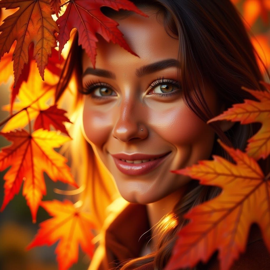Woman's Face Framed by Autumn Leaves
