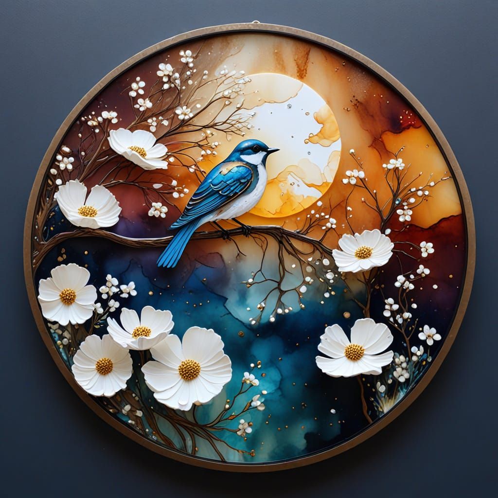 Blue Tinted Alcohol Ink Art with Floral Tree and Bird